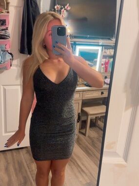 Shimmering Black Sparkle Mini Dress with V-Neck
